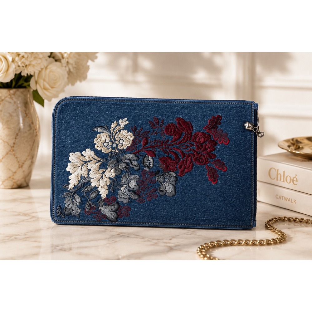 Alexander McQueen Denim Floral Embroidered Skull Clutch Bag Blue